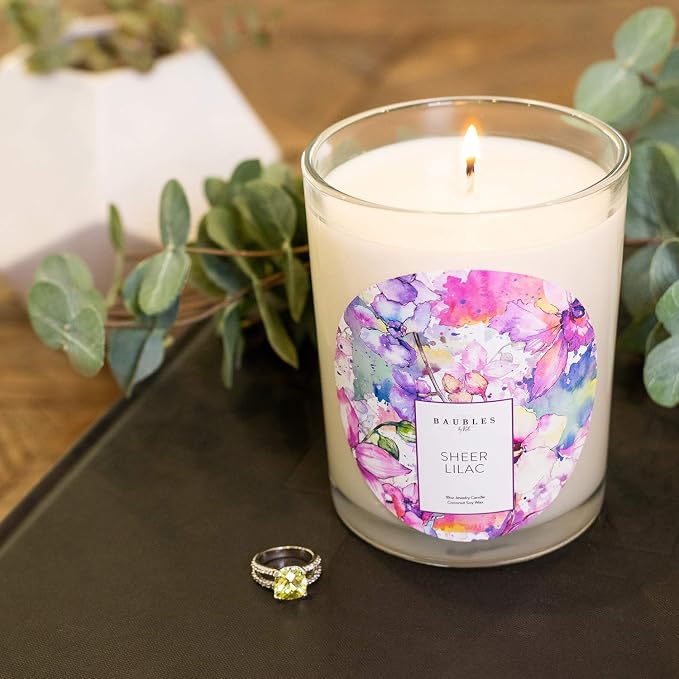 Kate Bissett Baubles Sheer Lilac Scented Premium Candle and Jewelry with Surprise Ring Inside | 18 oz Large Candle | Made in USA | Parrafin Free | Size 07