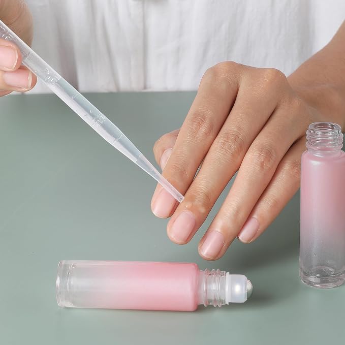SESENSE Essential Oil Roller Bottles, 10ml Thick Glass Perfume Roller Bottles with Funnel Opener and Dropper Colored Glass Empty Bottles with Stainless Steel Roller Balls (Pink, 12 Pack)