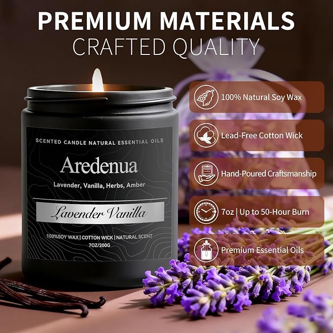 Lavender Vanilla Candle | Self-care Candle Gifts, Soy Candles for Home Scented, Aromatherapy Gifts for Women Men - 7oz Scented Candles for Home, 50 Hours Burn Time, Perfect for Relaxing Home Fragrance