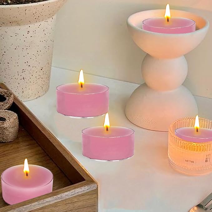 Hand-Poured Cherry Blossom Scented Tea Light Candle 4 Hours Clean Burning Rose Pink Round Tea Light Candle for Wedding Spa Nights Meditation Yoga Bath Relaxation
