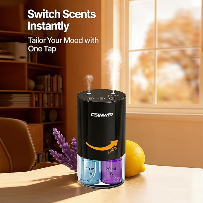 Dual Nozzle Waterless Essential Oil Diffuser for Home Large Room, Car, Office, Portable Battery Operated Aromatherapy Scent Diffusers, Mini Cordless Air Freshener, 5 Timers & 4 Mist Levels