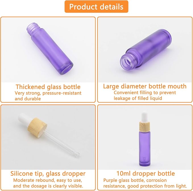 Ellbest 10ml Essential Oil Glass Dropper Bottle, 10pcs Colorful Glass Bottles with Eye Dropper for Travel, Small Sample Vials with Dropper & Funnel Included (Matte Purple)