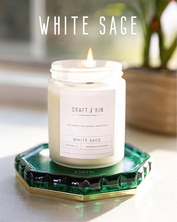 Craft & Kin Premium White Sage Scented Candle – Long Lasting, 45 Hour Burn Time – Luxury Natural Soy Scented Candle – Room Decor and Aromatherapy – 8 oz
