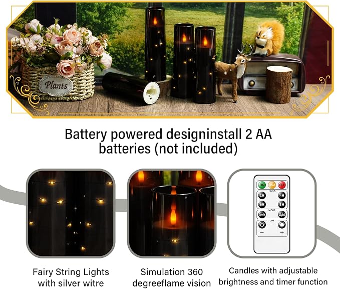 Eebuss Flameless Candles with Embedded Star String, Battery Operated LED Pillar Candles with Timer and Remote Control,Home Decorating for Ambiance， Set of 7(Black)