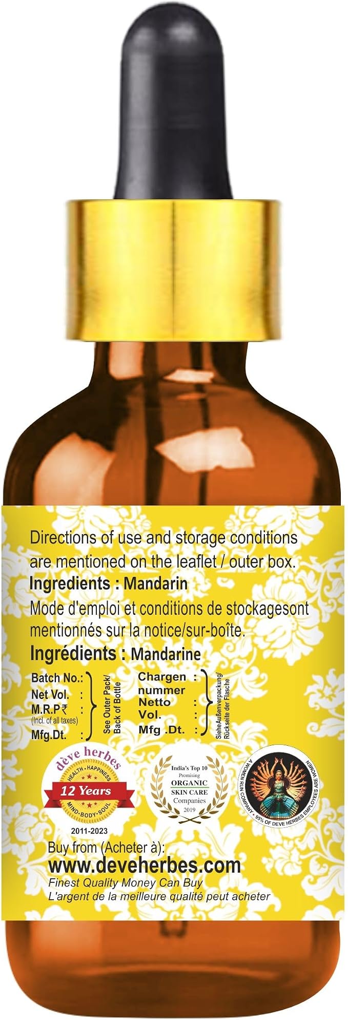 Deve Herbes Pure Mandarin Essential Oil with Glass Dropper 15ml (0.50 oz)