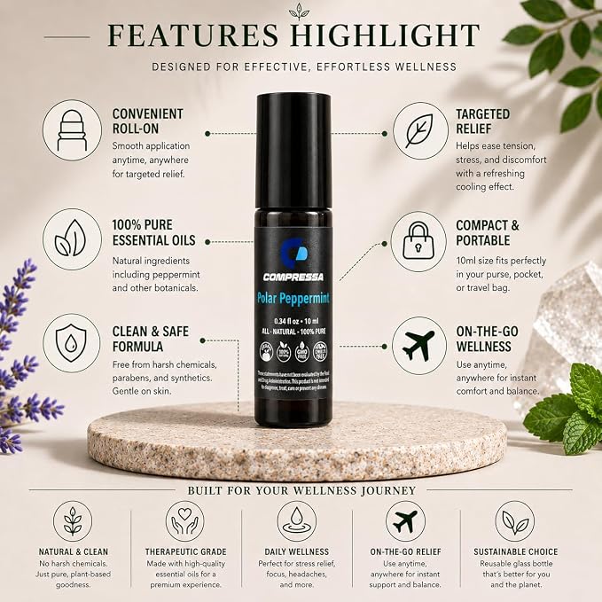 Polar Peppermint Essential Oil Roll-On 10 ml – 100% Pure & Natural Peppermint Aromatherapy Roller – Cooling Sensation for Focus, Relaxation & Daily Wellness