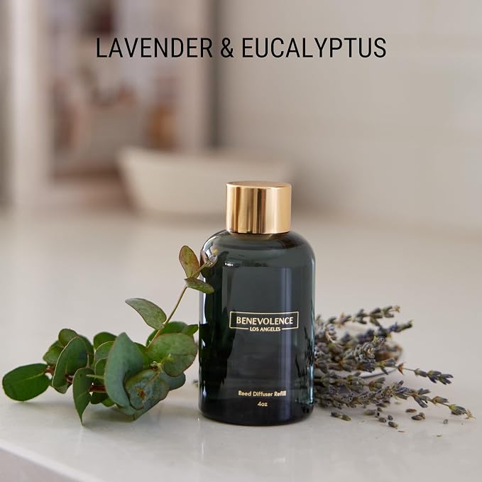 Benevolence LA Lavender & Eucalyptus Reed Diffuser Oil Refill – 4 oz Long-Lasting Essential Oil Refill for Home Fragrance Diffusers – Compatible with Benevolence LA Black Reed Diffusers