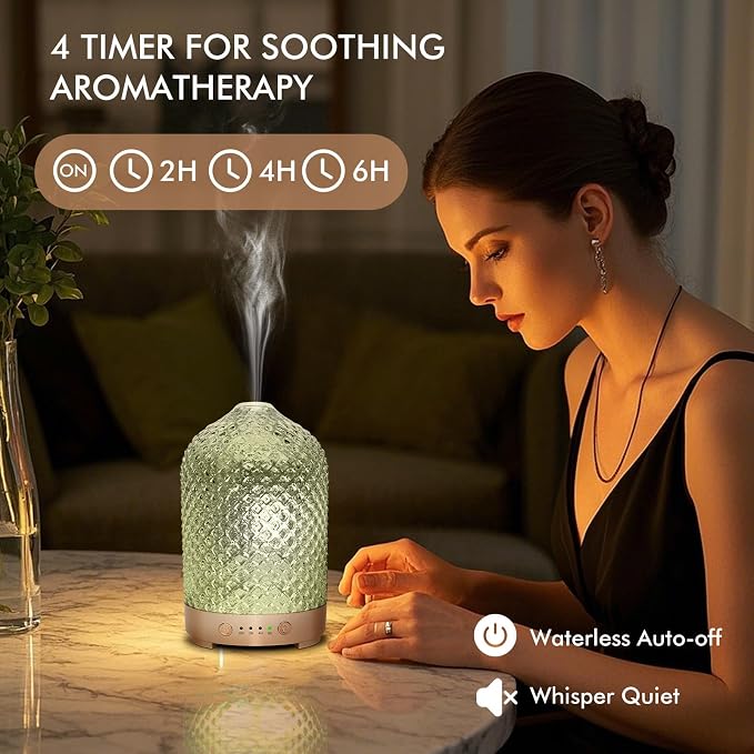 Essential Oil Diffuser for Home- 200ml Aromatherapy Diffuser for Essential Oils with 4 Timer, 7 Color LED Lights Waterless Auto Shut-Off for Home Office Décor Gifts for Women