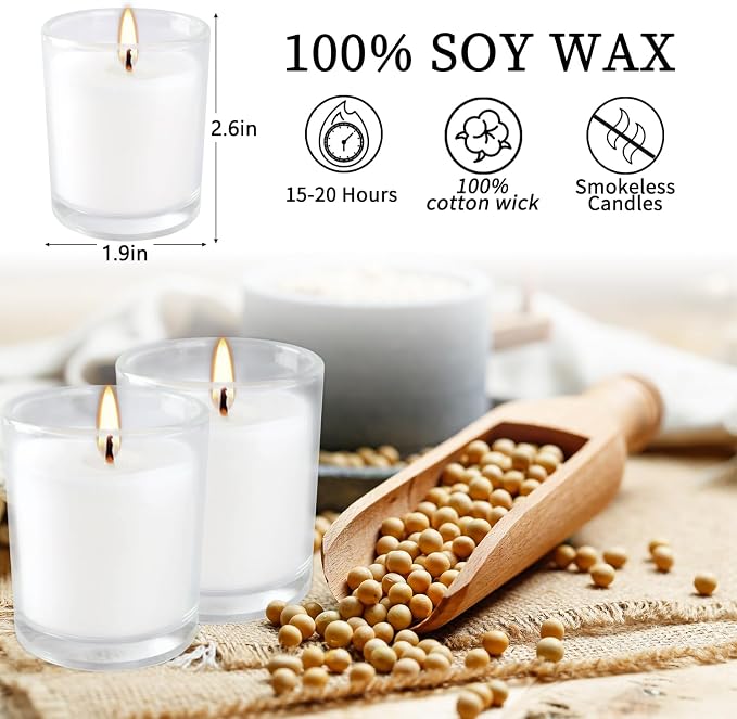 YOROXRG 48 Pack White Unscented Clear Glass Filled Votive Candles. Hand Poured Wax Candle Ideal Gifts for Home Décor Parties Weddings Holidays and Meditation (White)