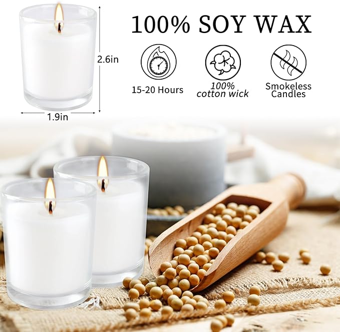20 Pack Unscented White Clear Glass Filled Votive Candles | Soy Wax, Smokeless, Hand Poured Wax Candles Ideal for Aromatherapy, Spa, Weddings, Birthdays, Holidays & Party Decor