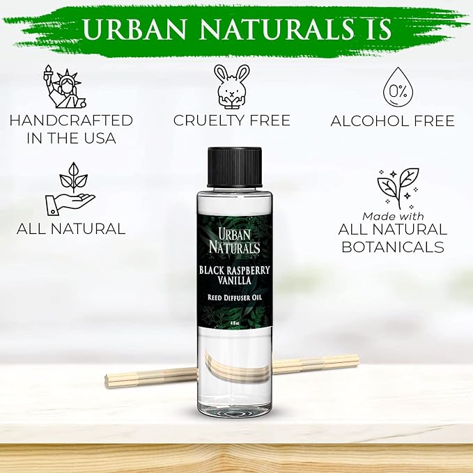 Urban Naturals Reed Diffuser Oil Refill, Black Raspberry Vanilla Oil for Diffuser with Orchid, Amber, Sandalwood, 4 oz + Free Reed Sticks, Made in the USA