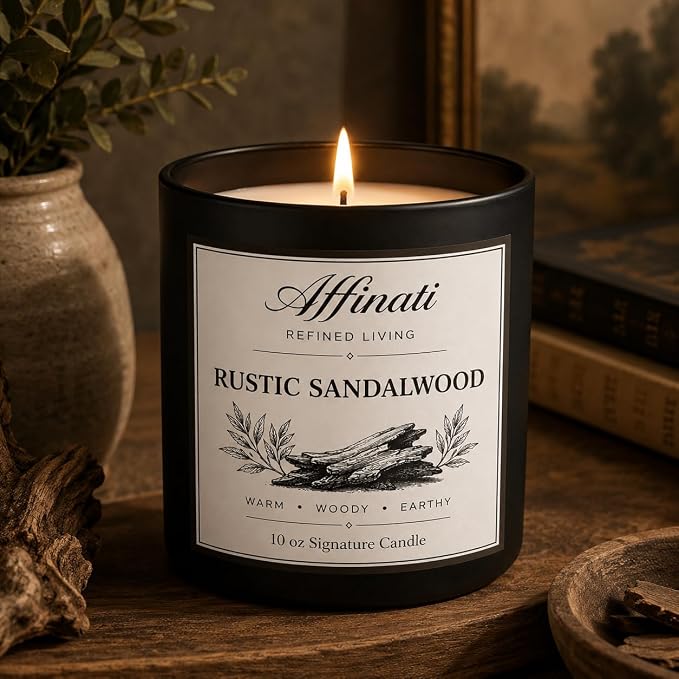 Affinati Rustic Sandalwood Signature Candle - 10 oz Luxury Soy Blend Wax Candle, Long-Lasting Home Fragrance