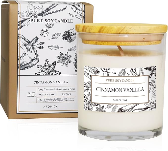 Aronica Non Toxic Candle - Soy Cinnamon Vanilla Scent, Highly Scented Spring Candle for Home, New Home Gift, Luxury Scents
