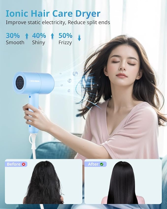 SHRATE Ionic Hair Dryer with Diffuser | Professional Blow Dryer for Curly, Frizzy & All Hair Types | Low Noise & Gentle for Sensitive Hair | Compact & Portable Design for Home, Travel, Women & Men