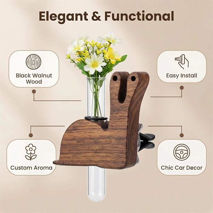 Little Glass Flower Vase Air Vent Clip, Wooden Stand Car Aroma Diffuser, Car Air Vent Decor Plant Holder, Auto Interior Decorations (Black Walnut Snail)