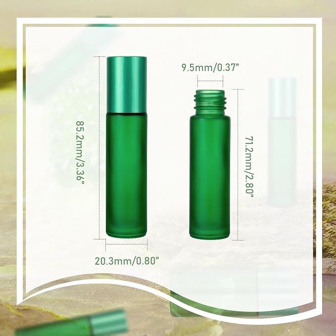 Kesell 10pcs Empty Roll on Glass Bottles, 10ml 1/3 Oz Essential Oil Roller Bottles with Stainless Steel Roller Balls, Refillable Small Perfume Vials for Travel - Green Color