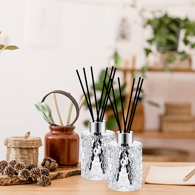 Norme 4 Set Empty Reed Diffuser Bottle Set with Stick, 150ml/5oz Clear Diffuser Glass Jars with Black Rattan Reed & Cap, for DIY Essential Oil, Fragrance, Home Fragrance, Bulk (Silver)