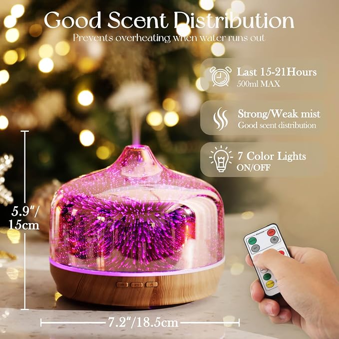 Porseme 500ml Glass Essential Oil Diffuser Aromatherapy Ultrasonic Cool Mist Humidifier 15-21 Running Hours Diffusers with Remote Control for Sleeping Yoga Working Spa(Rose Gold）