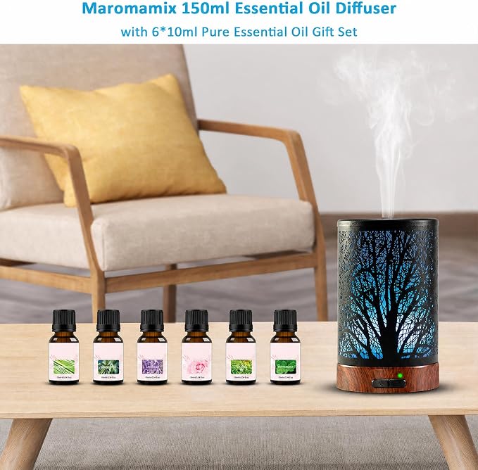 Oil Diffuser & Essential Oils Set - Oil Diffuser 150ml with 6 Essential Oils Set, Aromatherapy Cool Mist Oil Diffusers for Essential Oils, Auto Shut-Off，7 Colors Night Light,Gifts for Mom
