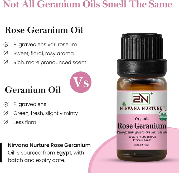 Rose Geranium Essential Oil, USDA Certified Organic, 100% Pure Undiluted, Aromatherapy Oil for Diffuser, Hair & Skin Care