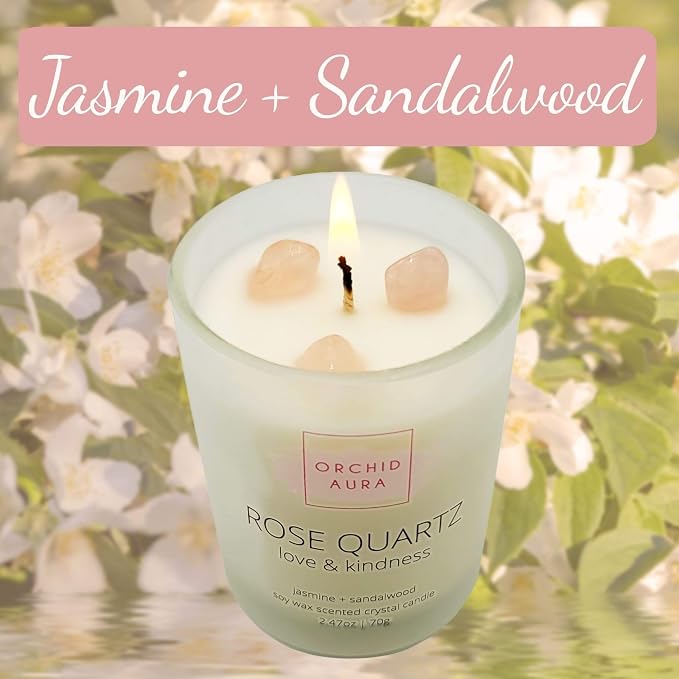 Soy Candles with Healing Crystals. Citrine, Rose Quartz, Amethyst Crystal. Eucalyptus + Lemongrass, Jasmine + Sandalwood, Clary Sage + Lavender. 3PC Scented Crystal Candle Set, 2.47oz Each