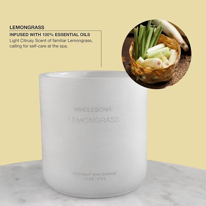WHOLESOME. Lemongrass Scented Non-Toxic Candles for Home, 2 Wicks Natural Coconut Wax Candle Eco-Friendly, Luxury Aromatherapy Candles Stress Relief, 16 oz Large Concrete Jar, 90 Hours Burn