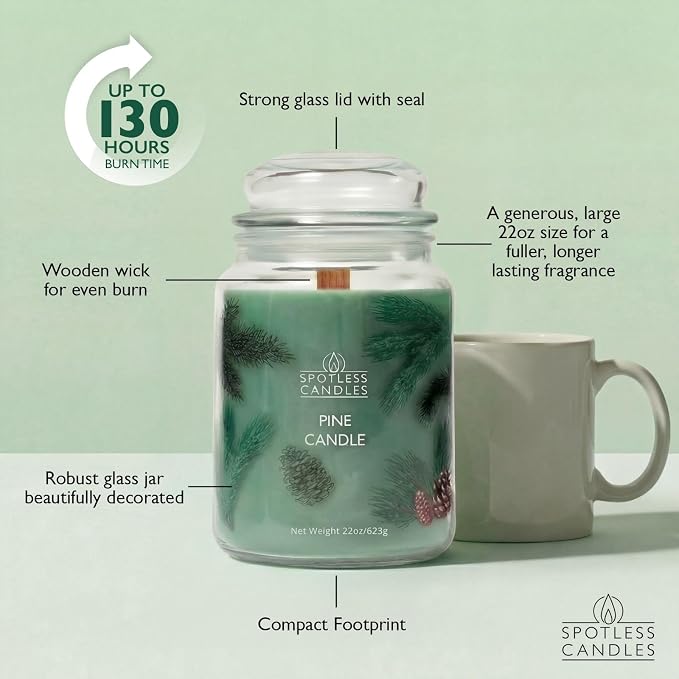 Pine Candle 22oz: 130 Hours Burn Time Hybrid Soy Candles Crackling Wooden Wick, in a Luxury Gift Box in a Protective Shipper by Spotless Candles