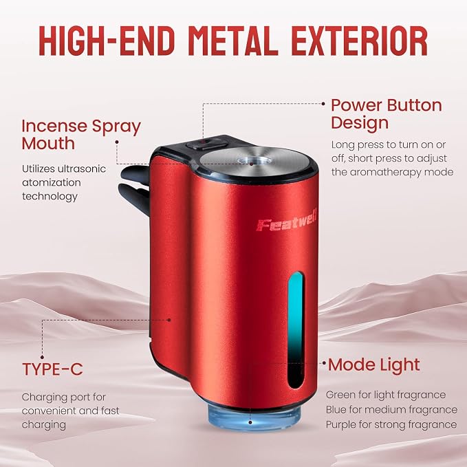 Featwell Car Air Freshener, Three Adjustable Modes Intelligent Aroma Diffuser, Rechargeable Car Diffuser Air Freshener, Red