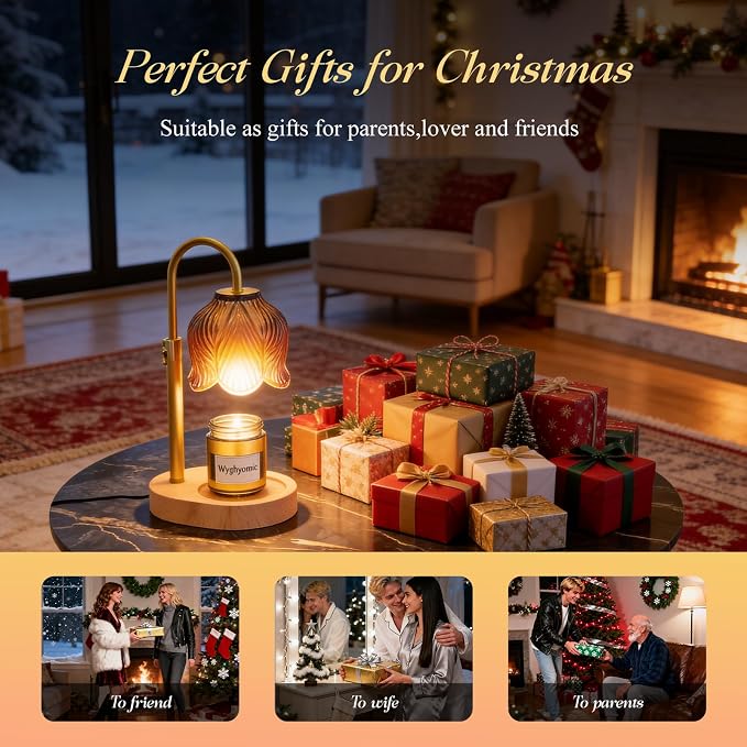 Candle Warmer Lamp with Adjustable Height - Flameless 4-Level Dimmable Wax Warmer, Timer Function & Stylish Design in Multiple Colors (Brown Wooden Base)