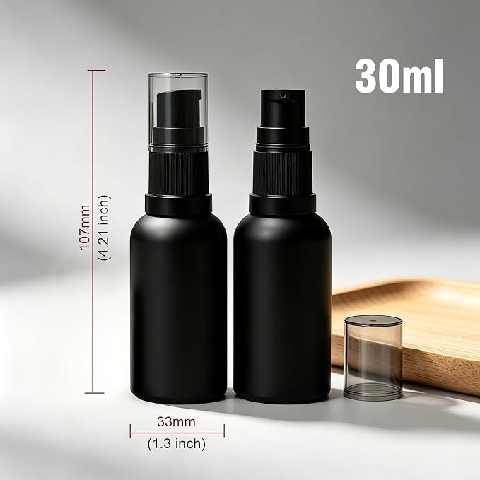 6 Pack Empty Travel Refillable Glass Pump Bottles Dispener 30ml/1oz, Matt Black Small Cosmetic Containers for Lotion,Cream,Essential Oil,Shampoo,Sercums (30ml Black 6pcs)