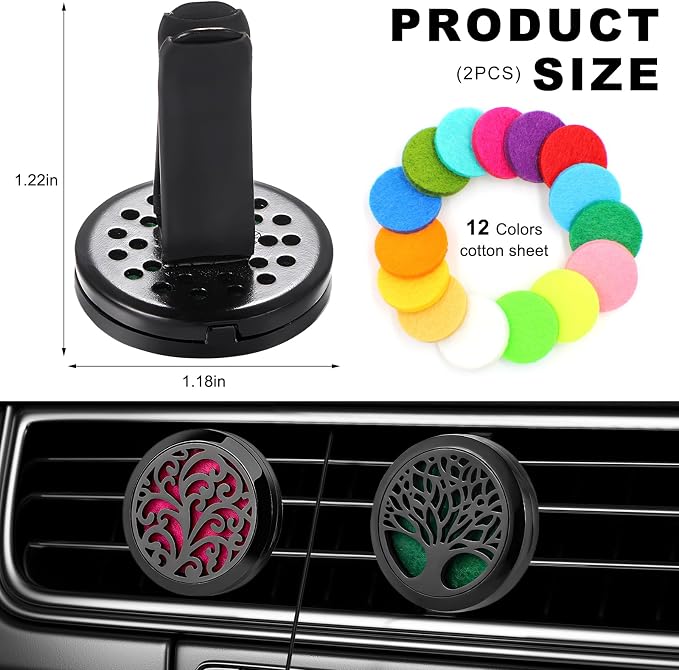 KVAEY 2PCS 30mm Car Diffuser Vent Clips, Tree of Life Aromatherapy Essential Oil Diffuser Locket with 12 Felt Pads, Stainless Steel Car Diffuser Locket Air Freshener (Style 4)