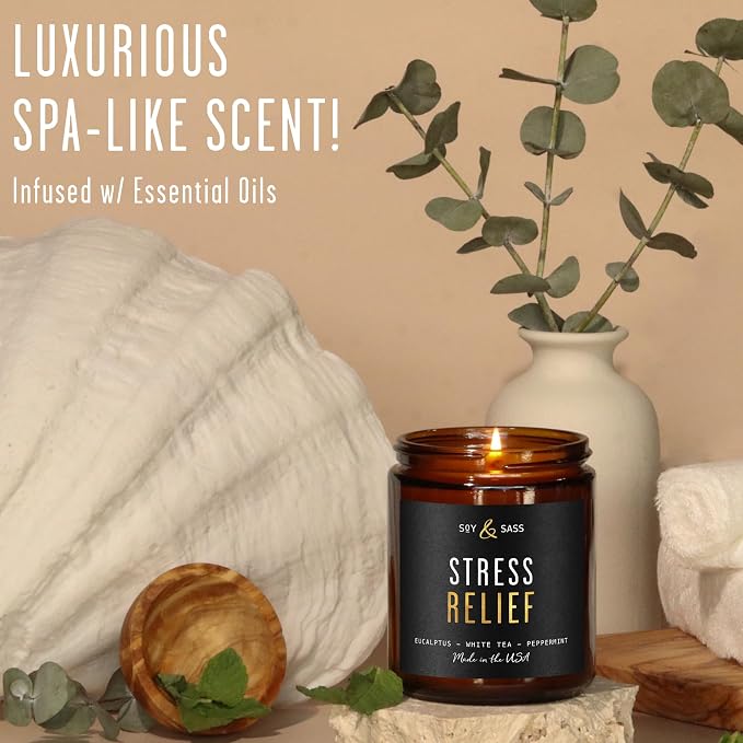 Stress Relief Candle I Relaxing Scented Black Candles for Men or Women w/Spearmint, White Tea & Eucalyptus Candle - Infused w/Essential Oils | Long 50Hr Burn,9oz I Non Toxic Aromatherapy I Made in USA