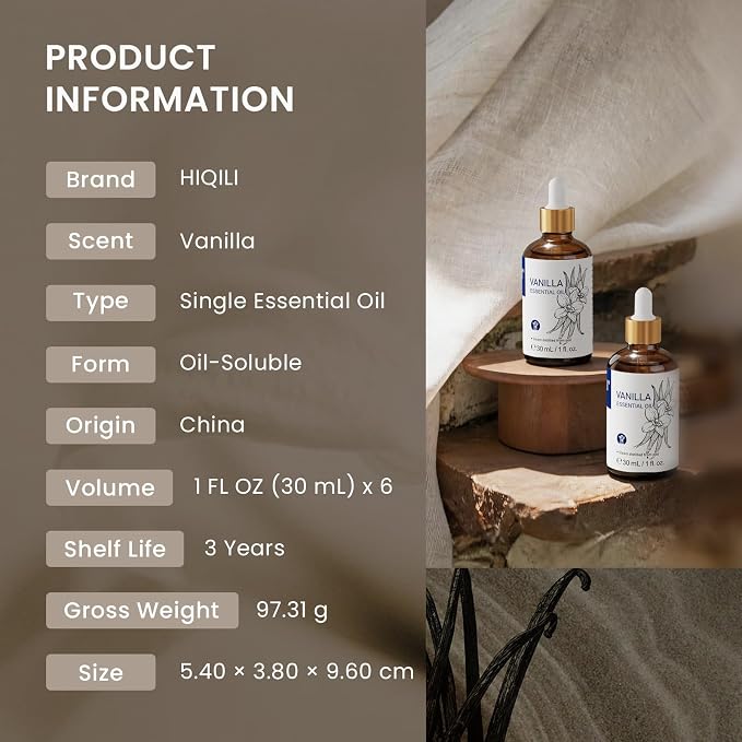 HIQILI Vanilla Essential Oil Set-1 fl oz (6 Pack), Stable Quality, Bulk Pack for Business Purchase