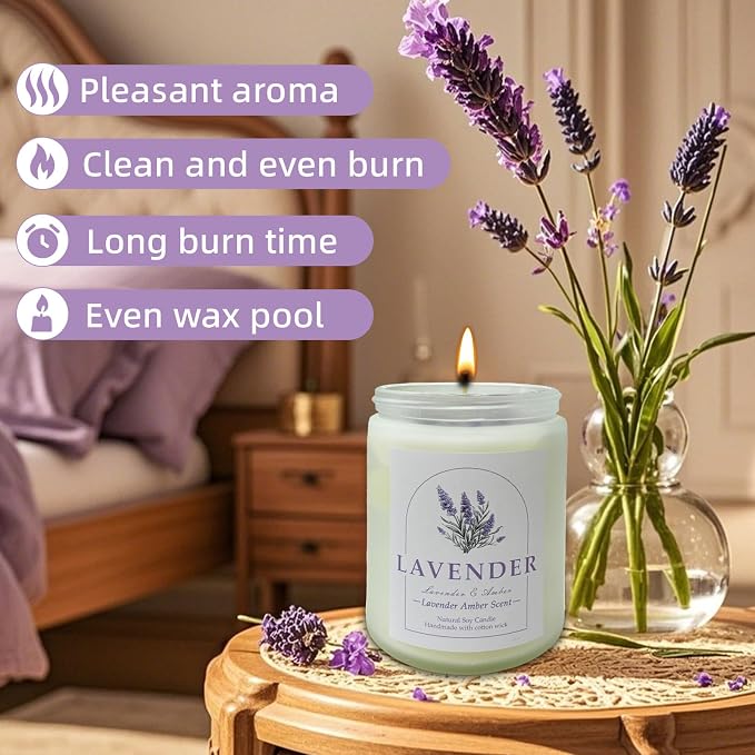 Lavender Amber Scented Candles with Crystals Inside, 9oz Soy Candles for Home Decor, Birthday Spiritual Gift Mothers Day Candle for Women Mom