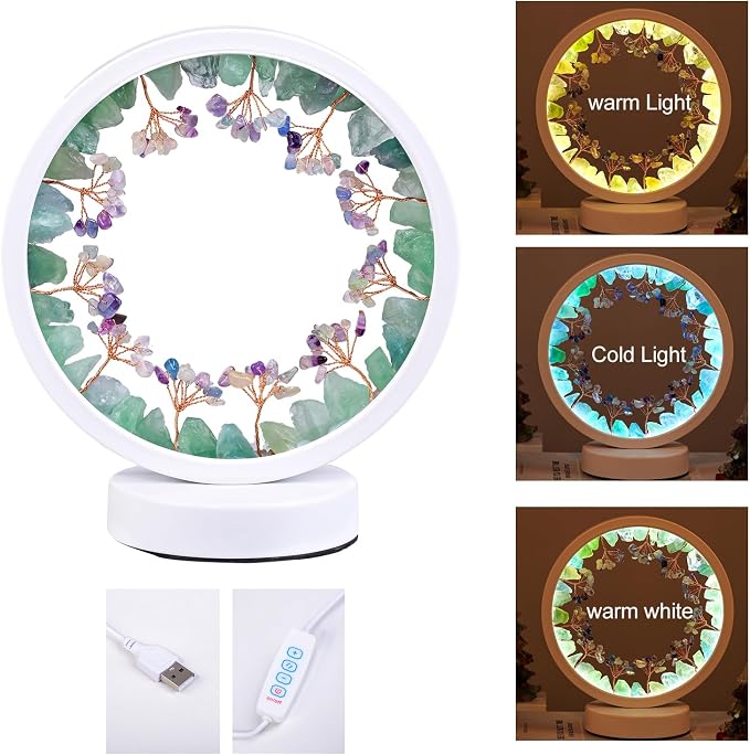Runyangshi Natural Crystal Green Fluorite Small Tree Round White Frame Tri-Color Ambient Light Home Decoration Night Light Gift for Women