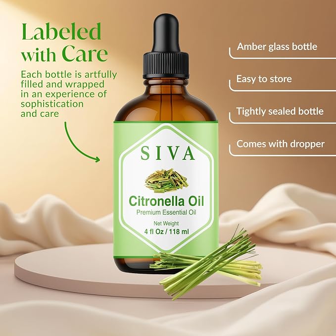 Siva Citronella Essential Oil 4 Fl Oz – for Diffuser, Skin & Hair Care – Ideal for Aromatherapy, Massage & DIY Blends- with Dropper
