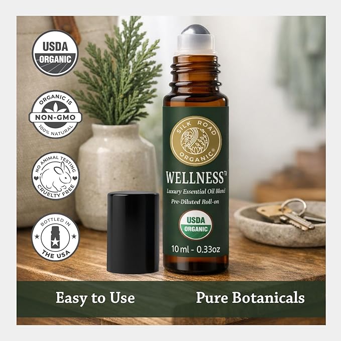 Silk Road Organic Wellness Essential Oil Vitality Blend Roll On for Overall Health, Immunity, Balance, Achy Joints & Muscles – USDA Certified Aromatherpy, 10ml Roller