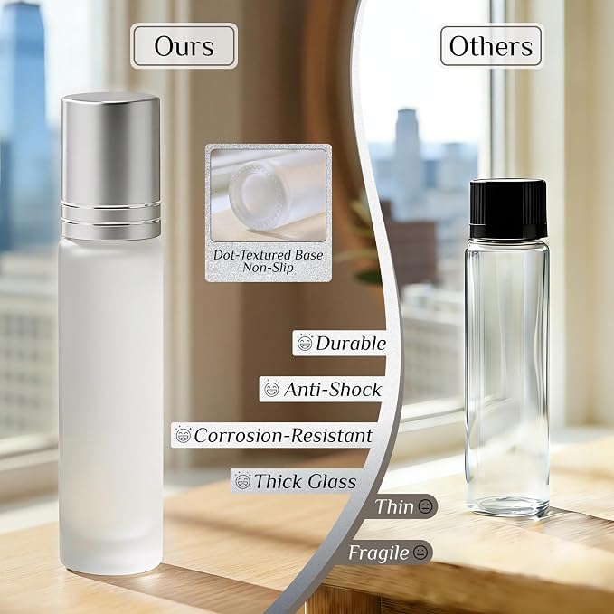 PrettyCare 24 Pack, 10 ml Essential Oil Roller Bottles with Stainless Steel Roller Ball - Refillable Leak-proof Empty Thick Frosted Glass Roll on Bottles with Silver Caps for Travel, Perfume