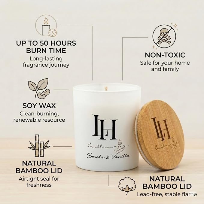 LH Smoke and Vanilla Scented Candle - Soy Wax Natural Candle - Relaxing Gifts for Women - Long Lasting Tobacco Vanilla Bean and Sandalwood Highly Scented Candles for Home Decor