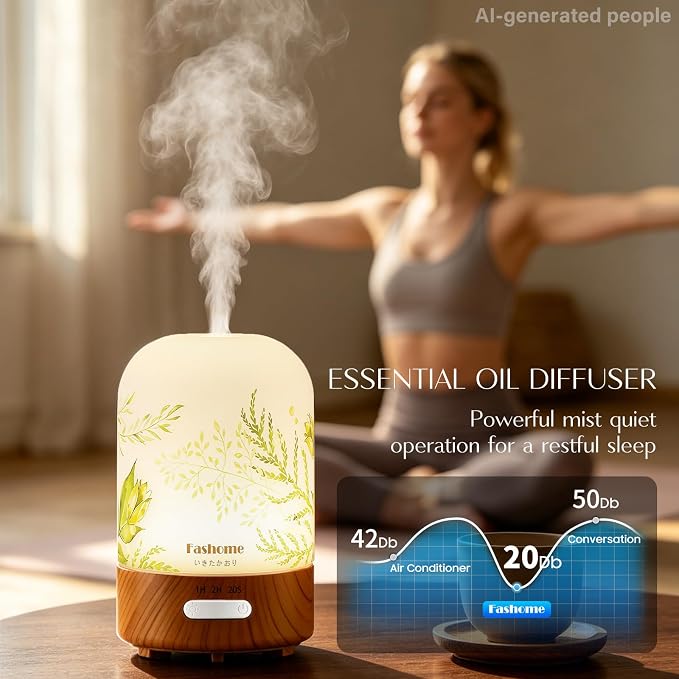 Essential Oil Diffuser, Hand Blown Glass Aromatherapy Diffuser, Ultrasonic Cool Mist Scent Aroma Humidifier, Diffuser Oil Machine Whisper Quiet with Auto Shut-Off for Home Bedroom Office(<25dB)