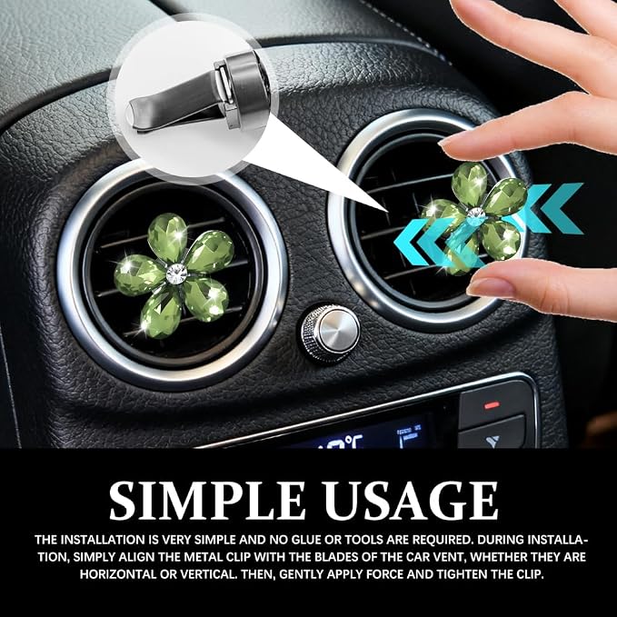 5PCS Bling Daisy Flower Car Air Vent Clips, Car Diffuser Vent Clip, Sparkling Crystal Rhinestone Cute Auto Air Conditioning Clamp, Diamond Air Outlet Clip Decor for Women Girls (Light Green)
