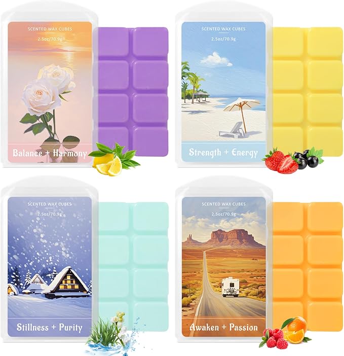 SCENTORINI Wax Melts, Wax Cubes Strong Scent for Healing Relax, Summer Scented Wax Melts for Warmer - Lemon Green Tea/Strawberry Blackcurrant/Raspberry Orange/Ocean Grass Bellflower, 2.5 oz 4-Pack