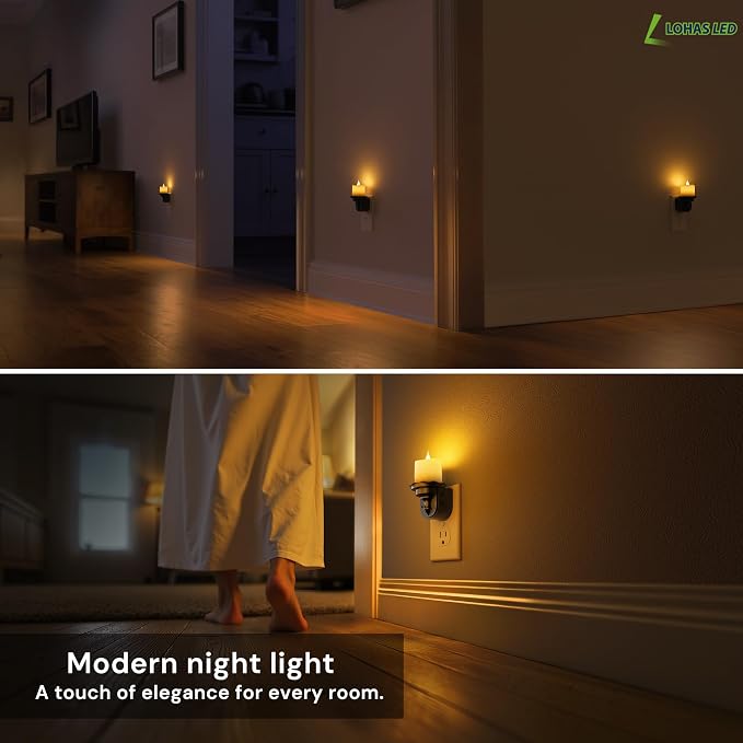 L LOHAS LED Flameless Candle Night Light, Flicker Night Lights Plug into Wall 2 Pack, Amber Candle Nightlight with Light Sensor, 0-100LM Dimmable LED Flickering Nightlights for Kids Hallway Bathroom