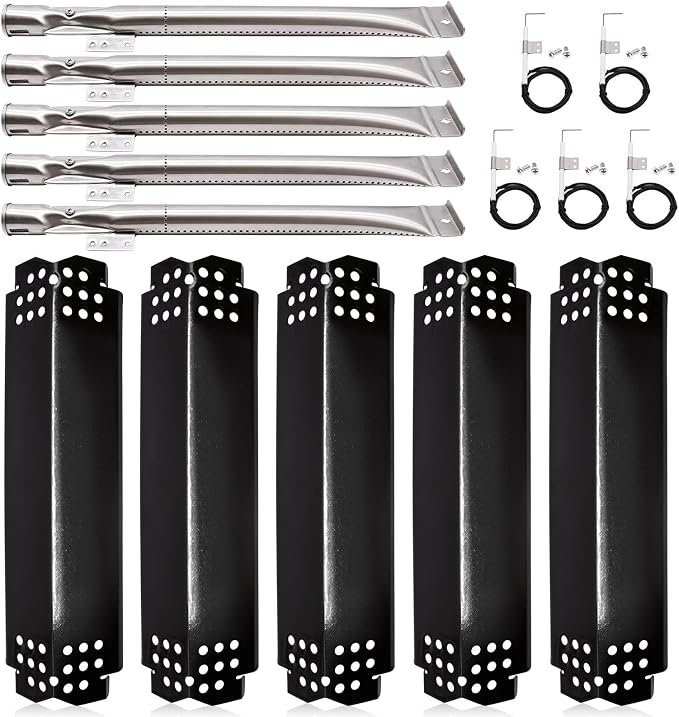 Hiorucet Grill Replacement Parts for Nexgrill 5 Burner 720-0888, 720-0888N, Nexgrill 720-0830H, 720-0864 Models, 5-Pack Porcelain Steel Heat Shields, Burner Tubes and Grill Igniters for Members Mark.