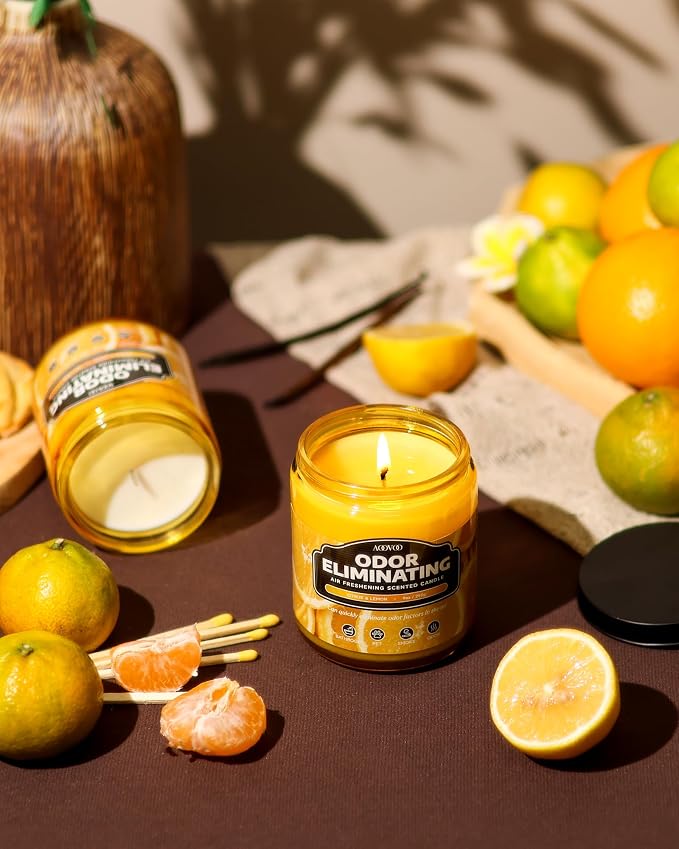 AOOVOO Citrus & Lemon 2 Pack Odor Eliminating Highly Fragranced Candle - Eliminates 95% of Pet, Smoke, Food and Other Smells Quickly, Non Toxic Air Freshing Soy Candle, 18 oz Up to 100 Hours Burn time