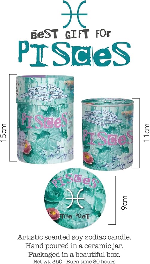 Pisces Zodiac Candle – Jasmine Scented Soy Candle for Self Care & Relaxation – Zodiac Birthday Gift – 80 Hour Burn – Reusable Ceramic Jar