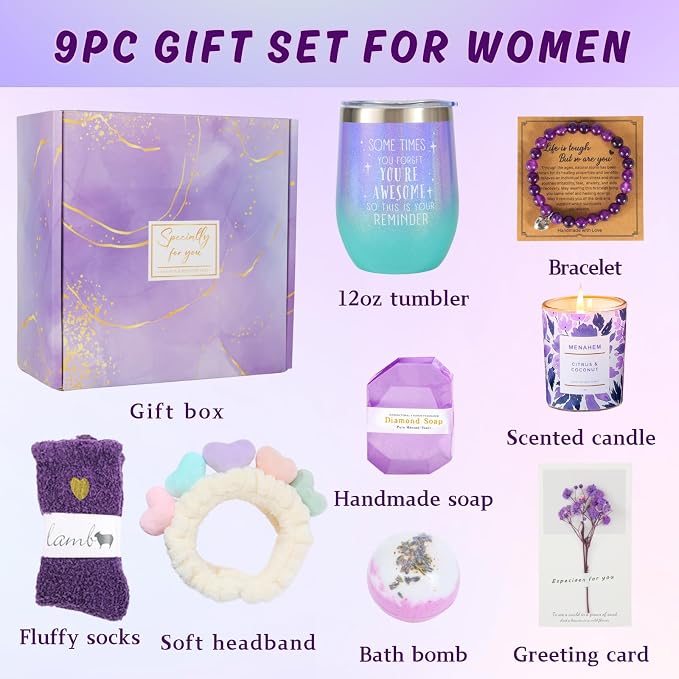 Get Well Baskets for Women, 9pc Happy Birthday Gifts, Lavender Sympathy Care Package Get Well Soon Relaxation Spa Gift Set for Her Mom Wife Girlfriend Bestie Mother Christmas