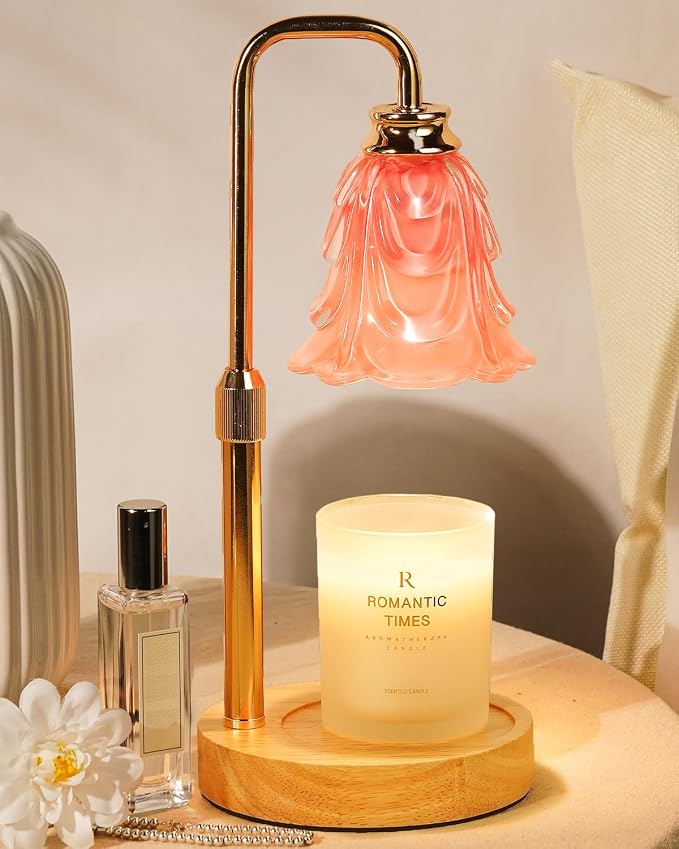 Small Candle Warmer Lamp with Timer, Adjustable Pink Flower Candle Heat Lamp, Unique Women's Gifts for Birthday, Dimmable Candles Heater, Fashion Wax Warming Light with Wood Base