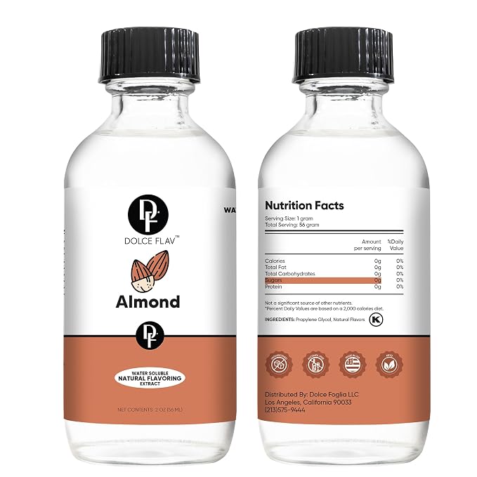 Dolce Flav Natural Almond Extract – 8 Ounce Water-Soluble Kosher, Sugar-Free, Concentrated Pure Almond Flavoring for Baking, Pastries & Beverages, Includes Measured Dropper