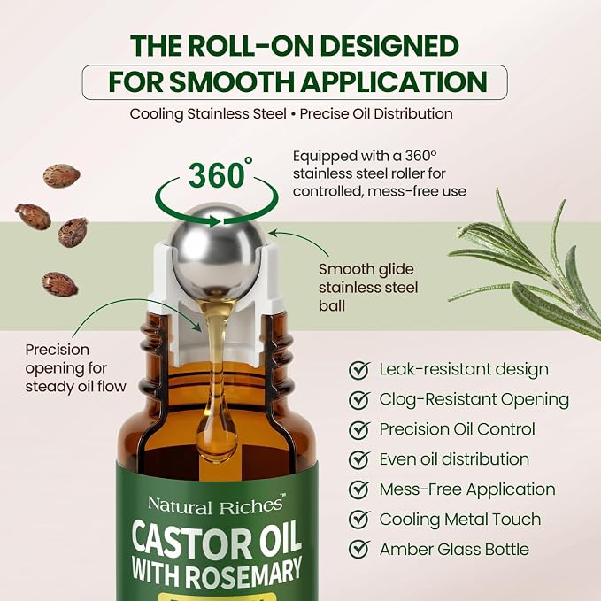 Natural Riches Organic Castor Oil with Rosemary Roll On for Hair Growth & Skin Care - Essential Oil Roller for Eyebrows, Eyelashes - Cold Pressed & Hexane Free Formula - 1 fl oz